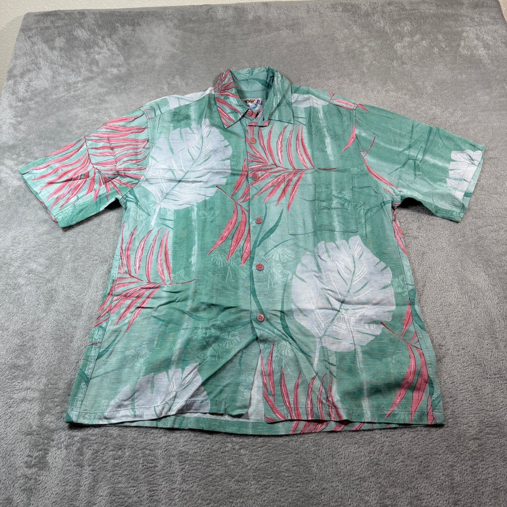 Jams World Button Up Shirt Mens Large Green Men Edition Palm Leaf Hawaiian Rayon